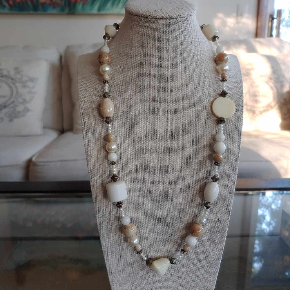Pearl, picture jasper, silver & abalone necklace